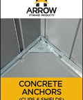 Concrete Anchor Kit AK100 for shed foundations with metal clips and shields installed on a corner of a concrete slab.
