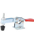 Heavy Duty Horizontal Toggle Clamps Set Of Twenty Pieces Featuring Quick Release Cam Action And Adjustable Tension For Kickass Woodworking Jigs And Shop Build Tasks, detail showing metal clamp with red handle.