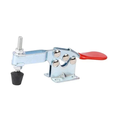 Heavy Duty Horizontal Toggle Clamps Set Of Twenty Pieces Featuring Quick Release Cam Action And Adjustable Tension For Kickass Woodworking Jigs And Shop Build Tasks, detail showing metal clamp with red handle.