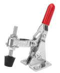 Heavy Duty Vertical Toggle Clamp Quick Release Handle For Welding With Rust Proof Zinc Plated Steel And Easy Swivel Grip For Rough Job Sites Solid Lockdown No Sweat Setup Guaranteed, shown with red handle.