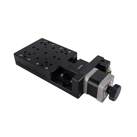 Motorized Linear Stage Built Right For Dead Nuts Precise Translation Platform with black anodized aluminum for heavy duty lab use.