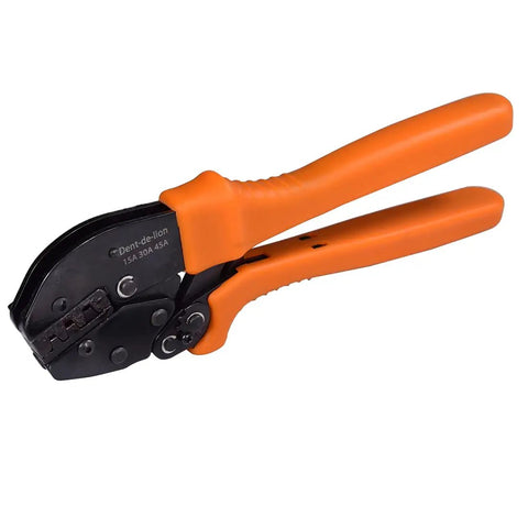 Ratcheting Crimping Tool Kit For 15A 30A 45A Connectors, All In One Set With Ten Pack 45A Quick Connect Battery Terminals And Caps, Crimps AWG 22 To 10 Wires, Built Tough Heavy Duty High Carbon Steel Pliers, orange-handled plier close-up.
