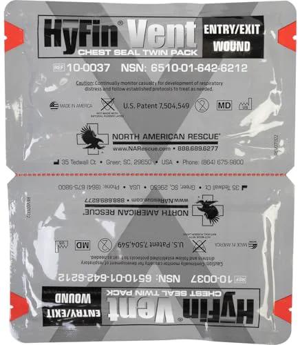 HyFin Vent Chest Seal Twin Pack by North American Rescue; medical trauma chest wound seals in sealed pouch