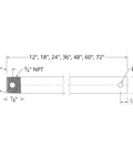 Technical drawing of 18-Inch Matte Black Ceiling Fan Extension Downrod, WAC Compatible, Heavy-Duty Metal Rod Adds Height and Blade Clearance.