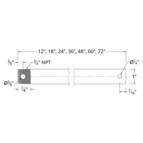 Technical drawing of 18-Inch Matte Black Ceiling Fan Extension Downrod, WAC Compatible, Heavy-Duty Metal Rod Adds Height and Blade Clearance.