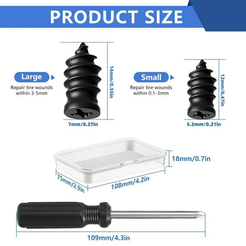 Roadside Ready Tire Repair Kit With Screw In Tubeless Plugs In 2 Sizes, Includes Screwdriver, size chart for plugs and tools
