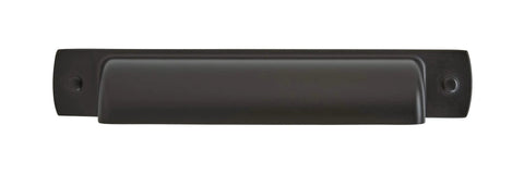 Front view of Rochdale Matte Black Cup Pull 3-3/4 Inch Center To Center, durable zinc cabinet drawer pull, includes mounting hardware.