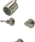 Brushed Nickel Tub And Shower Faucet With Double Handles, Solid Brass Construction, Wall Mount Design, showing spout and showerhead.
