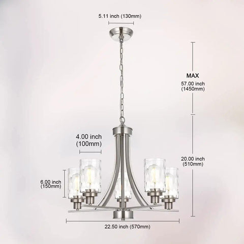 Five Light Modern Chandelier in Brushed Nickel Finish With Clear Hammered Glass Pendants Ready To Hang, 57-Inch Chain Shown