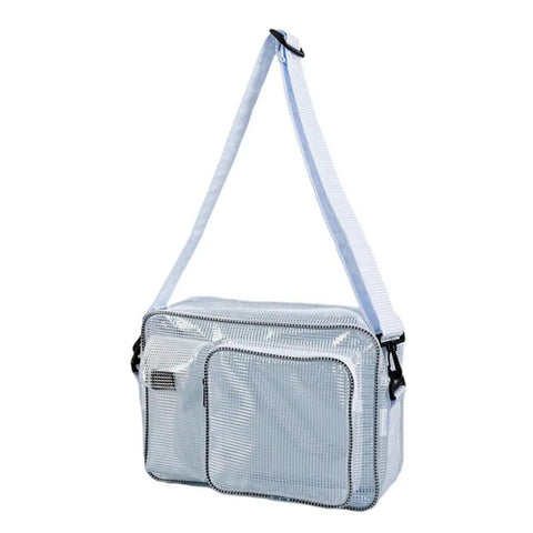 Killer Protective Clear Crossbody Tool Bag For Cleanroom Engineers Featuring Sick Storage And Secure Computer Carrying With Smooth Adjustable Straps That Are Zero Hassle, side view.