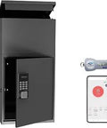 Smart Lock Package Delivery Box With Anti Theft Design For Patios And Porches Secure Parcel Drop Box shown with open lid and keypad.
