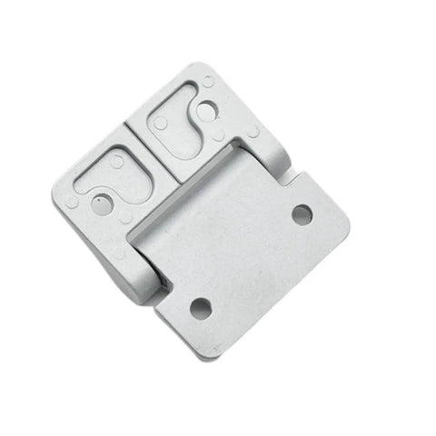 Silver damping cabinet hinge; side view with mounting plate and holes