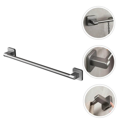 Self Adhesive Bathroom Wall Towel Rack in Gray No Drill Metal Organizer Multipurpose Holder close-up view, water resistant design