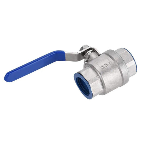 Heavy Duty 304 Stainless Steel Full Port Female Ball Valve Featuring Smooth Operator Design For Rock Solid Plumbing Control And Zero Hassle Water Line Shut Off On Three Quarter Inch Bspt Thread, showcasing its two-piece design and blue handle.