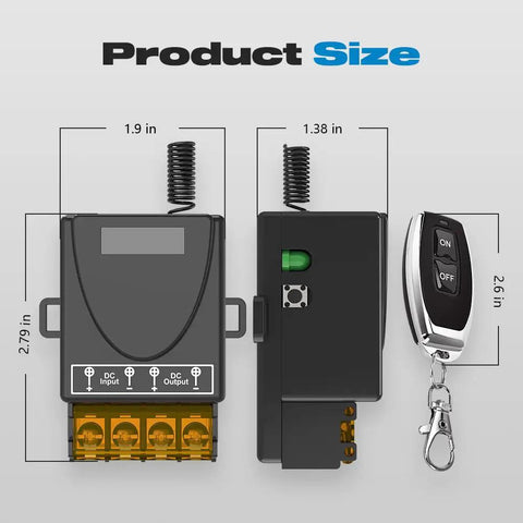 Wireless 12V Remote Switch With 30A Relay, 433MHz RF Control For 12V-72V DC Motors, image showing dimensions and remote