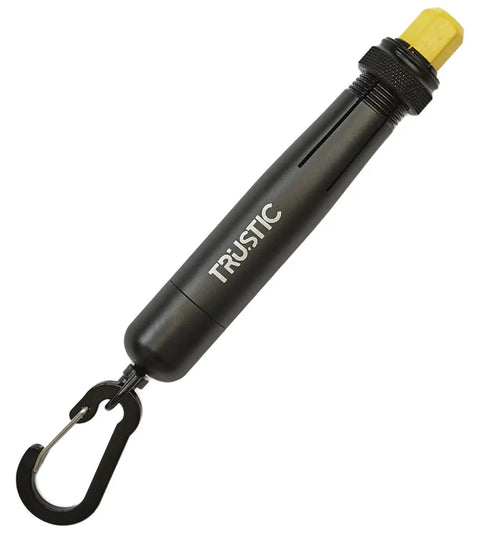 Heavy Duty Lumber Keel Crayon Holder For 1/2 Inch Round Or Hex Crayons, Industrial Carpenter Metal Grip, Ergonomic 0.9 By 5 Inch Design, Breakage-Resistant And Versatile, Fits Ferro Rods And Other Tools, Silver with branding and attached carabiner.