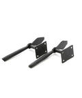 7 Inch Black Spoon Shaped Wrought Iron Shutter Dogs With Mounting Hardware Pack Of 6 For Exterior Shutters, two shown flat on surface