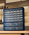 Durable 42 Compartment Plastic Storage Drawer Organizer for Desktop or Wall Mount Clear See Through Drawers in workshop