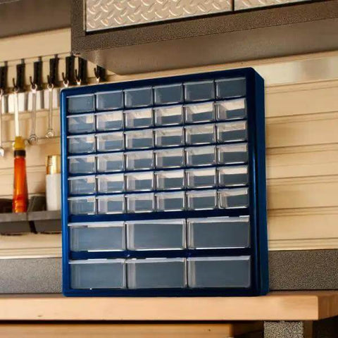 Durable 42 Compartment Plastic Storage Drawer Organizer for Desktop or Wall Mount Clear See Through Drawers in workshop