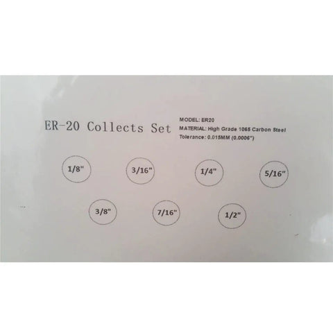 Diagram showing ER20 Spring Collet Set 7-Pack 1/8 To 1/2 Inch, Pro Grade Steel, listing collet sizes with 1065 Carbon Steel material and tolerance.