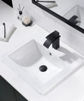 Top view of Drop In White Porcelain Vessel Sink With Black Faucet And Pop Up Drain, 21x18 Inch Bathroom Lavatory Basin