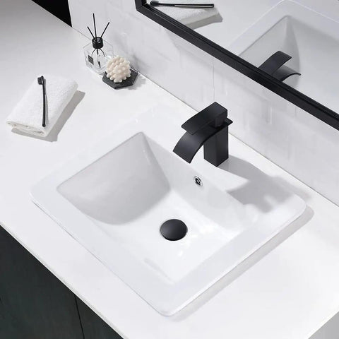 Top view of Drop In White Porcelain Vessel Sink With Black Faucet And Pop Up Drain, 21x18 Inch Bathroom Lavatory Basin