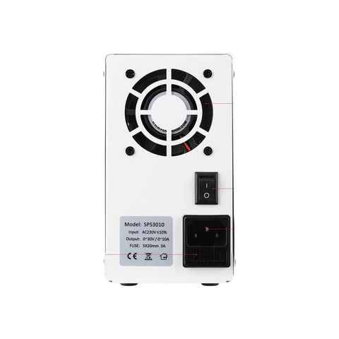 Beefy Adjustable Lab Power Supply 30V 10A Voltage Regulator rear view with labels and fan visible