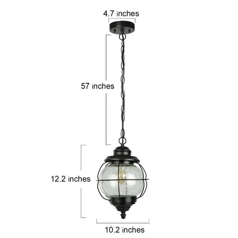 Outdoor Pendant Lights With Farmhouse Style Black Metal Hanging Porch Fixture And Clear Bubbled Glass Globe Inside An Iron Cage Frame For Rustic Vibe Exterior Lantern For Gazebo Patio And Entryway with dimensions