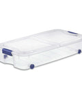 Two Pack 66 Quart Clear Underbed Storage Bins With Low Friction Wheels And Snap Tight Blue Latches Stackable Plastic Rolling Organizer Boxes, transparent with blue latches.
