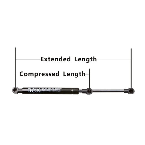 Two Piece Trunk Lift Supports Gas Strut Shocks For Chevrolet Ssr 2003 2004 2005 2006 with extended and compressed length markings.