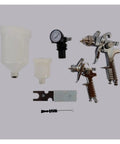 Handheld Airbrush Spray Gun Kit With Gravity Feed Paint Sprayer And Rust Proof Steel Body adjustable nozzles and accessories laid out.