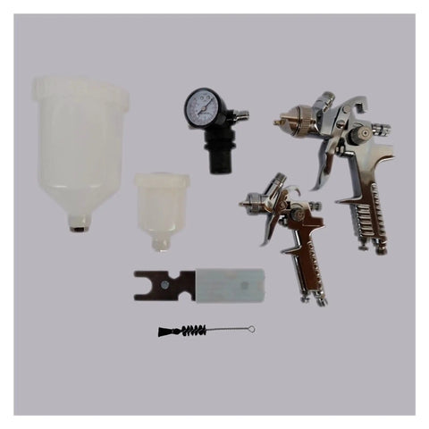 Handheld Airbrush Spray Gun Kit With Gravity Feed Paint Sprayer And Rust Proof Steel Body adjustable nozzles and accessories laid out.