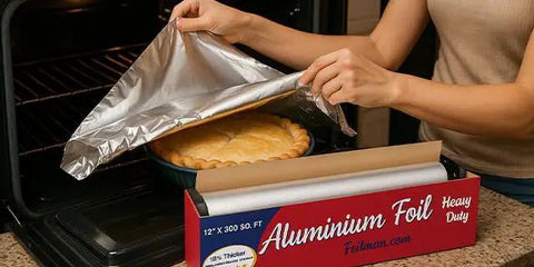 Heavy Duty Aluminum Foil Roll With Sturdy Corrugated Cutter Box for thick food safe wrap covering pie, 12 inch by 300 square feet durable kitchen use