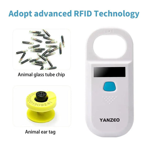 AR180 Pet Microchip Reader For Dogs And Cats next to animal glass tube chips and ear tag, showcasing RFID technology.