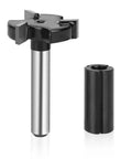 Heavy Duty Spoilboard Surfacing Router Bit With One Quarter Inch Shank And One Inch Cutting Diameter Three Wing Carbide Cutter For Surface Flattening Slabs And Wood Planing Projects With Durable Alloy Steel Body And Teflon Coated Tips next to collet