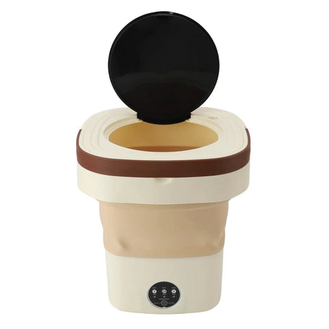 Ultra Compact Portable Washing Machine 8.5 Liter Foldable Mini Laundry Tub open lid with control panel for easy use.
