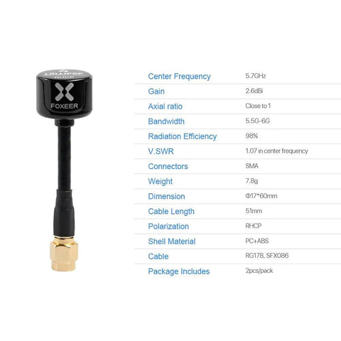 Two Pack Lollipop 4 FPV Antennas for 5.8GHz RHCP Updated Version with 2.6 dBi Gain SMA Connectors specs and antenna view.