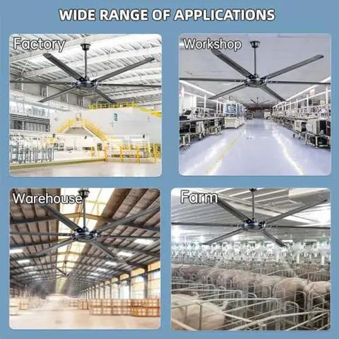 Solid Build Industrial Ceiling Fan With Six Quiet Blades For Big Time High Airflow and Chill Comfort In Living Rooms Patios Garages Or Commercial Spots showcasing factory, workshop, warehouse, and farm settings.