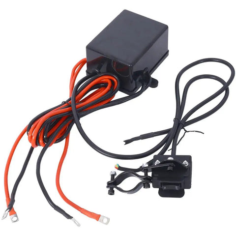 Rock Hard 3500 Lbs Winch For ATVs And UTVs With Wireless Remote And Steel Cable wiring harness with switch and connector, suitable for heavy duty use.