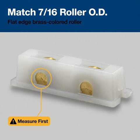 Top Shelf Sliding Window Roller Assembly Two Pack Featuring 7/16 Inch Brass Rollers With Sturdy Nylon Housing For No Sweat Snap Install And Slick Smooth Operation On Your Patio Doors And Glass Panels, flat edge brass rollers in nylon housing.
