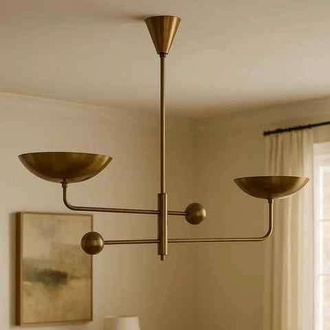 Brass Chandelier Light Fixture, Handmade Sputnik Style Modern Ceiling Light with two bowl shades, ideal for dining room.