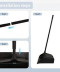 Installation steps for Heavy Duty Upright Standing Dustpan Built Different Tight Pivoting Base with black handle and scoop.