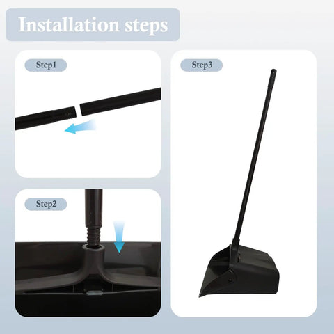 Installation steps for Heavy Duty Upright Standing Dustpan Built Different Tight Pivoting Base with black handle and scoop.