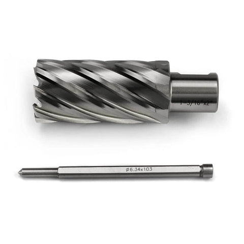 Two-piece silver-toned annular cutter set with Weldon shank and matching drill bit