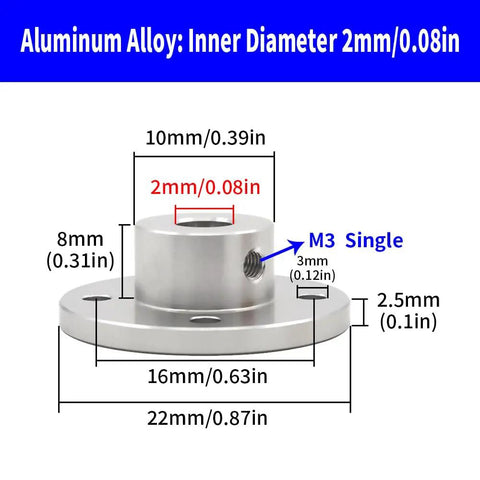 2 Pack 2mm Rigid Aluminum Flange Shaft Coupling With 10mm Outer Diameter And 22mm Flange Height 10.5mm M3 Set Screws Precision Motor Guide Shaft Connector For RC Models Gearhead Grade DIY Projects Lightweight Anti Corrosion Coupler dimensional diagram