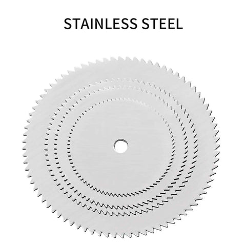 11 Piece Mini HSS Circular Saw Blade Set For Rotary Tools With stainless steel cutting discs shown stacked