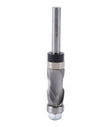 Heavy Duty Tungsten Carbide Flush Trim Router Bit With Double Bearing Design, 1/4 Inch Shank And 3/8 Cut Diameter shown from front angle.