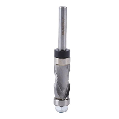 Heavy Duty Tungsten Carbide Flush Trim Router Bit With Double Bearing Design, 1/4 Inch Shank And 3/8 Cut Diameter shown from front angle.