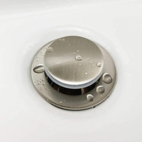 Bathroom Sink Drain Stopper Pop Up Assembly With Overflow Brushed Nickel Finish Easy Click To Seal And Drain on sink surface