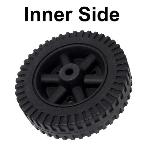 6 Inch Black Blow Molded Plastic Replacement Wheels And Axle Caps For 3 8 Inch Shafts inner side view of tire with grip design.